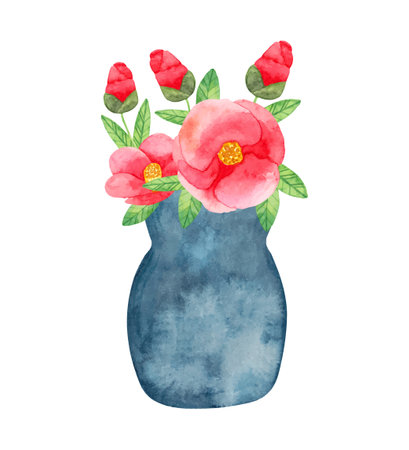 Arrangement of camellia in a vase.Watercolor illustration.Bouquet of wild flowers with leaves.Hand drawing.Simple stylized style. Spring botanical bouquet for Easter, mothers day, cards. Vector.のイラスト素材