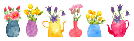 Set of flowers in a vase.Japanese camellia, tulips, bluebell, thistle.Watercolor illustration.Hand drawn simple stylized style. Botanical garden clipart for simple and elegant design. Vector.のイラスト素材