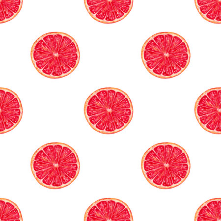 Seamless pattern of grapefruit slices. Illustration with watercolors and markers. Red citrus fruit...