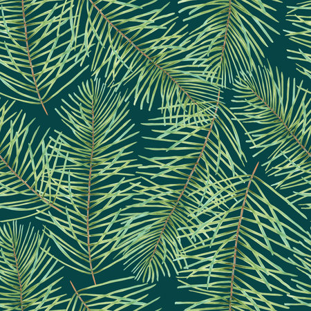 Seamless pattern of pine or fir branches. Illustration with watercolor and marker. Christmas wallpaper on blue background.Hand drawn art. Botanical decoration for New Year 2025 and Christmas.の写真素材