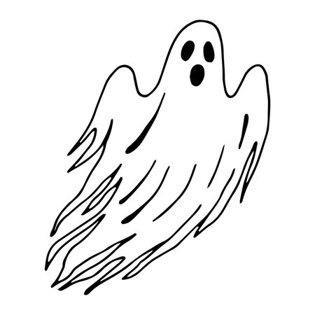 Scary ghost. Halloween graphic illustration. Hand drawn isolated line silhouette. Monochrome creepy monster clipart for tattoo, holiday, horror. Night magic creature. Clipart in simple doodle style.のイラスト素材