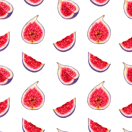 Seamless pattern of fig slices with red flesh. Botanical illustration with watercolor and markers....