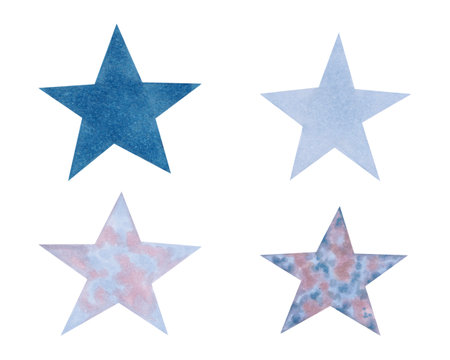 Set of blue, purple stars. Watercolor illustrations. Clip art of space elements of the sky. Self luminous celestial body. Hand drawn isolated art. Night lights for childrens room design, holiday.の写真素材