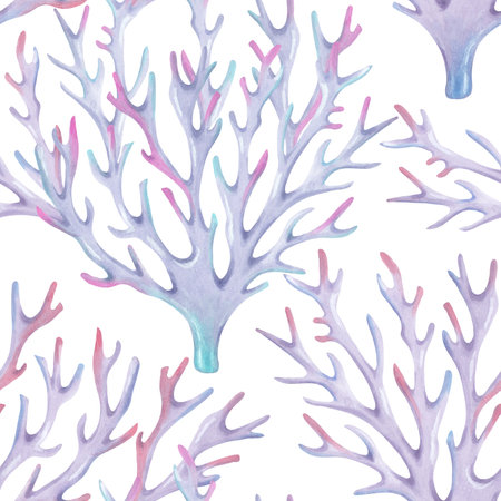 Branched coral. Seamless pattern. Watercolor illustrations. Ocean coral reefs, underwater animals of the seabed. Hand drawn isolated art. Underwater nature background for fabric, marine theme.の写真素材