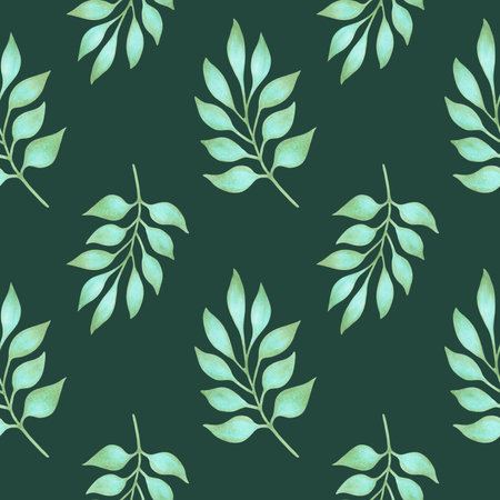 Seamless pattern with turquoise leaves on a green background. Watercolor botanical illustration. Hand drawn natural plant, simple branches for textile design, packaging, wallpaper, fabric, textile.の写真素材