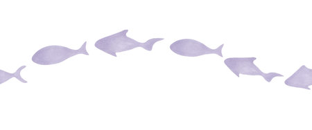 Seamless border with school of fish. Watercolor illustration. Hand drawn isolated art. Ocean and sea underwater world drawing. Simple purple sea animals silhouettes for banner, background, packaging.の写真素材