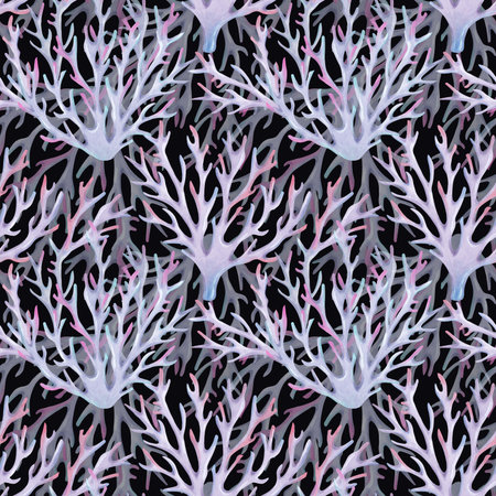 Seamless pattern of branched corals. Watercolor illustrations. Underwater animals of the seabed. Ocean reefs. Hand drawn isolated art. Fabric background, marine theme, textile, childrens design.の写真素材