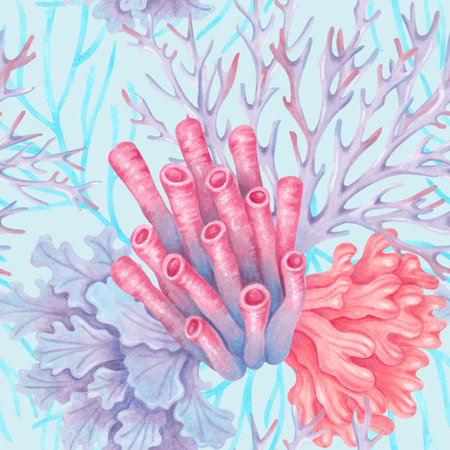 Marine seamless pattern with tubular, branched, lacy corals. Watercolor illustrations. Plant forms of underwater reef. Hand drawn isolated background for fabric, textile, packaging, nature themes.の写真素材