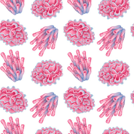 Seamless watercolor sea pattern with coral reef elements. Underwater animals of stylized tube and wave corals. Hand drawn isolated illustration. Image for natural designs, fabric, textile, packaging.の写真素材