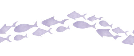 Seamless border with school of fish. Watercolor illustration. Ocean and sea underwater world banner. Hand drawn isolated art. Simple silhouettes of sea animals for banner, background, packaging.の写真素材