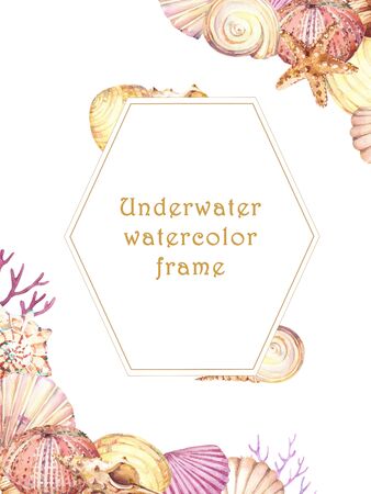 Hand drawn watercolor frame with underwater life objects - seashells, starfish and corals.の写真素材