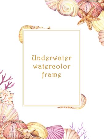 Hand drawn watercolor frame with underwater life objects - seashells, starfishの写真素材