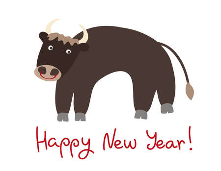 cute cartoon bull or ox - symbol of the new year 2021. greeting card for winter holiday. text happy new year on vector illustration.のイラスト素材
