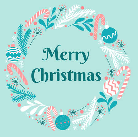 greeting card with lettering - merry christmas. floral ornament around congratulations. inscription with a wreath of leaves, branches and balls around. vector illustration in blue tonesのイラスト素材