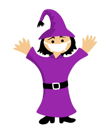 halloween cartoon character during covid-19 pandemic. scary cute witch in protective mask.のイラスト素材