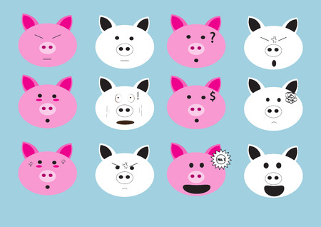 pig face emoji vector illustration with different emotion facesのイラスト素材
