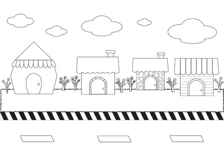linear cute cartoon homes on street vector illustration cityscape with different home styles and different kinds of flowersのイラスト素材