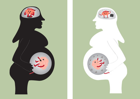 silhouette brain vector cartoon character illustration showing pregnant women emotion effect on her babyのイラスト素材