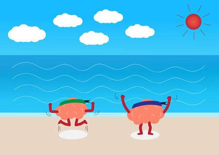 brains cartoon character vector illustration showing how happy they are (conceptual image about how people are happy on vacation at the beach)のイラスト素材