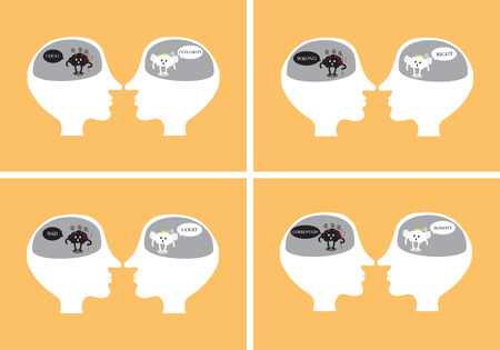 brain cartoon characters vector illustration image set showing angel and devil inside head debating together by using wording about goodness and badness (conceptual image about human morality)のイラスト素材