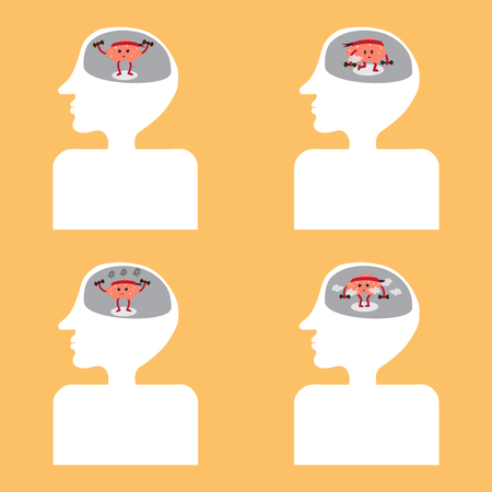 brain cartoon exercise vector illustration image showing different actions inside head and body (conceptual image about how brain is functioning)のイラスト素材
