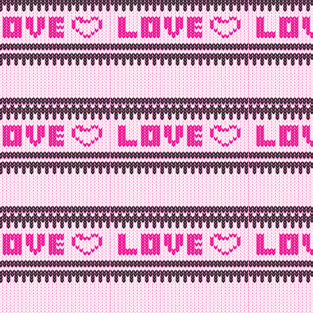 pink love text and heart shape with black and white striped knitted pattern background vector illustration imageのイラスト素材