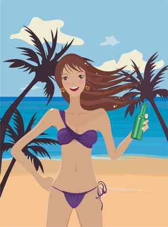 girl in bikini with a bottle on a beachのイラスト素材