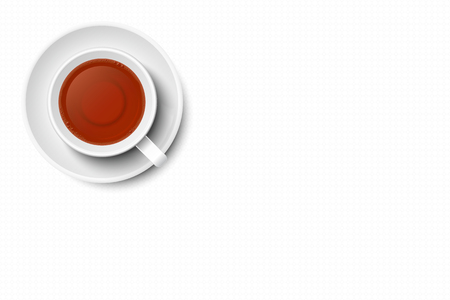 Tea in mug vector with copy space, isolated on white background. White mug and plate, white textured surface, top view, from above.のイラスト素材