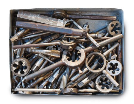 box with old plumbing turning toolsの写真素材