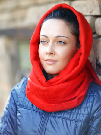 Beautiful  woman wearing red scarfの写真素材