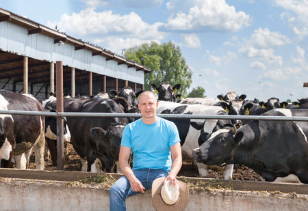 Farmer is working on farm with dairy cowsの写真素材
