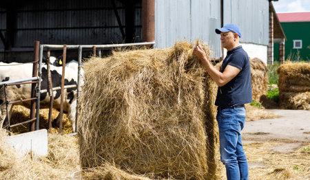 Farmer is working and looks at hay feed on cow farm