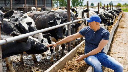 Farmer is working on farm with dairy cows