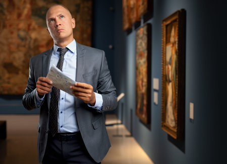 Portrait of man with a guide looking at pictures at museum of arts