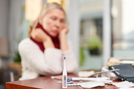 Sickness, seasonal virus problem concept. Senior woman being sick having flu at temperature on...