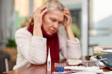 Sickness, seasonal virus problem concept. Senior woman being sick having flu at temperature on...