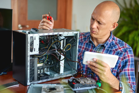 Computer repair. Computer technician working on a personal computer.