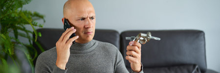 Man man holds furniture fittings and talking on mobile phone at sofa.