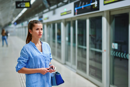 Sad woman with handbag in subway stationの写真素材