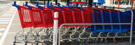trolley in a supermarket for grocery shopping, shopping cart in a store, Many shopping carts on a...