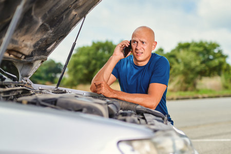 Driver man in front of automobile car accident in road