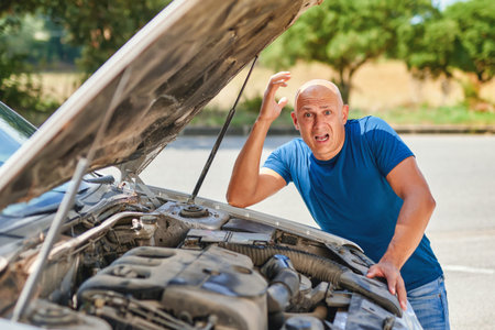 upset driver man in front of car collision accident in road