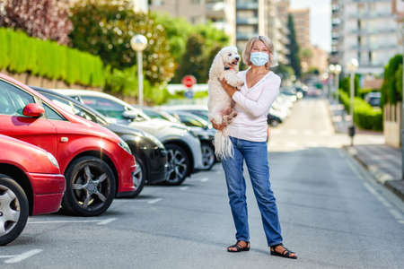 Woman walking with a dog outdoors an antivirus mask.の写真素材