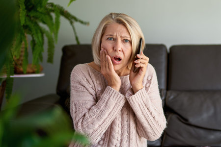 Sad senior woman in a phone call sitting on a sofa in the living room