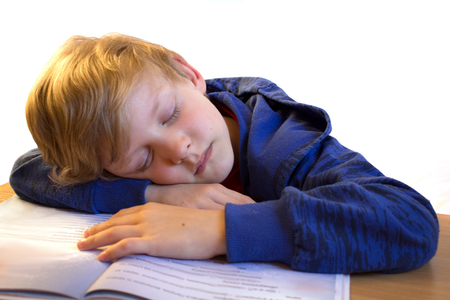 The child fell asleep on the bookの写真素材