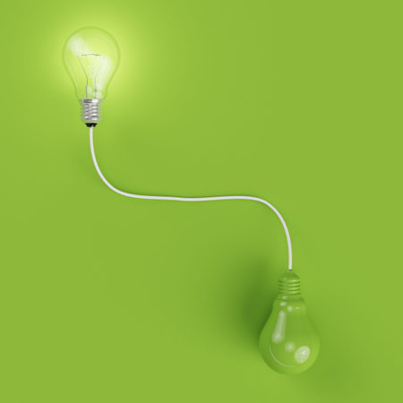 connection of  on - off green lightingbulb with white line on green pastel background for copy...