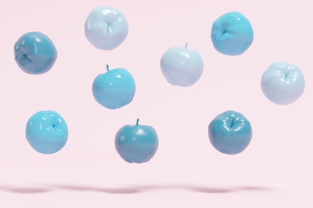 Blue Apples floating on pinks pastel background. minimal concept.の写真素材