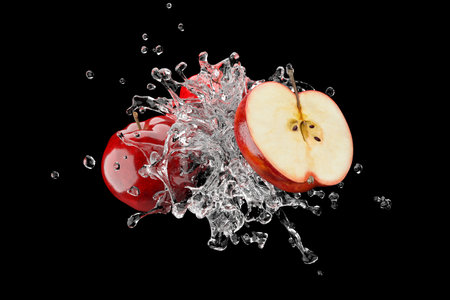 Explosion water with Red apple fruit on black background. 3D Render.の写真素材