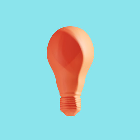 Slump Orange light bulb on blue background. 3D Render. Minimal Creative idea.の写真素材