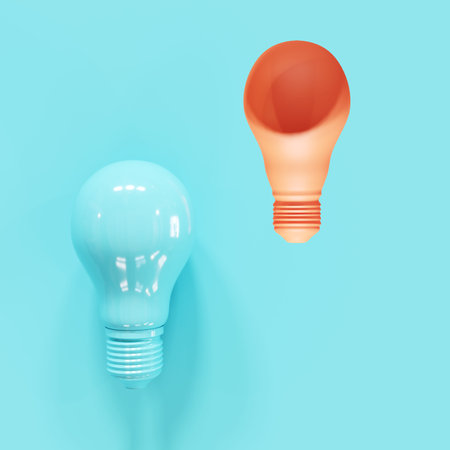 Orange Light bulb slump with one blue light bulb on blue background. 3D Render. Minimal Creative...